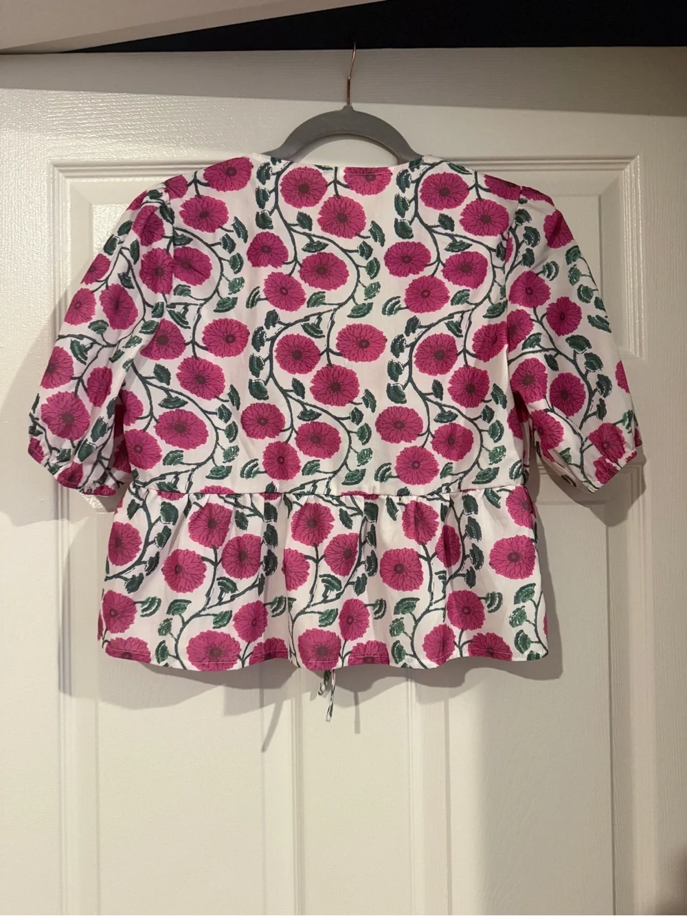 Amazon Pink Floral Tie-Front Peplum Blouse on White